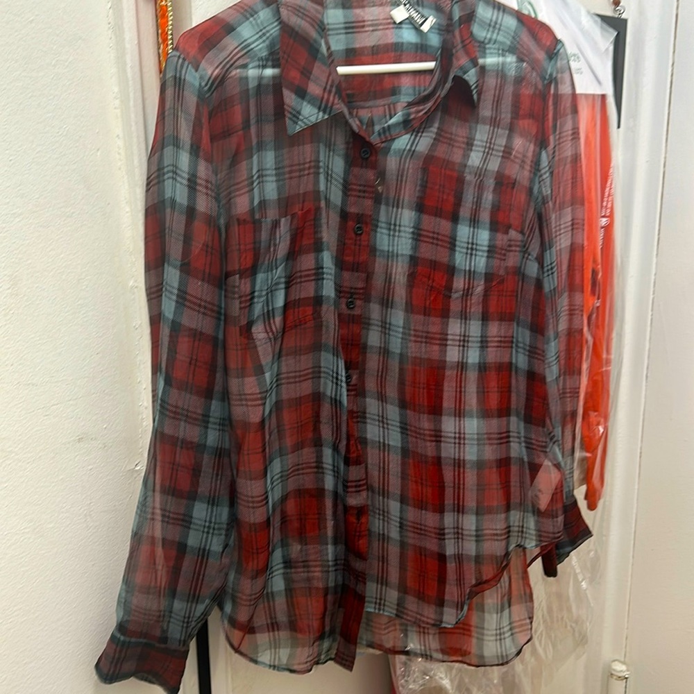 Elizabeth and James sheer plaid shirt. Size M